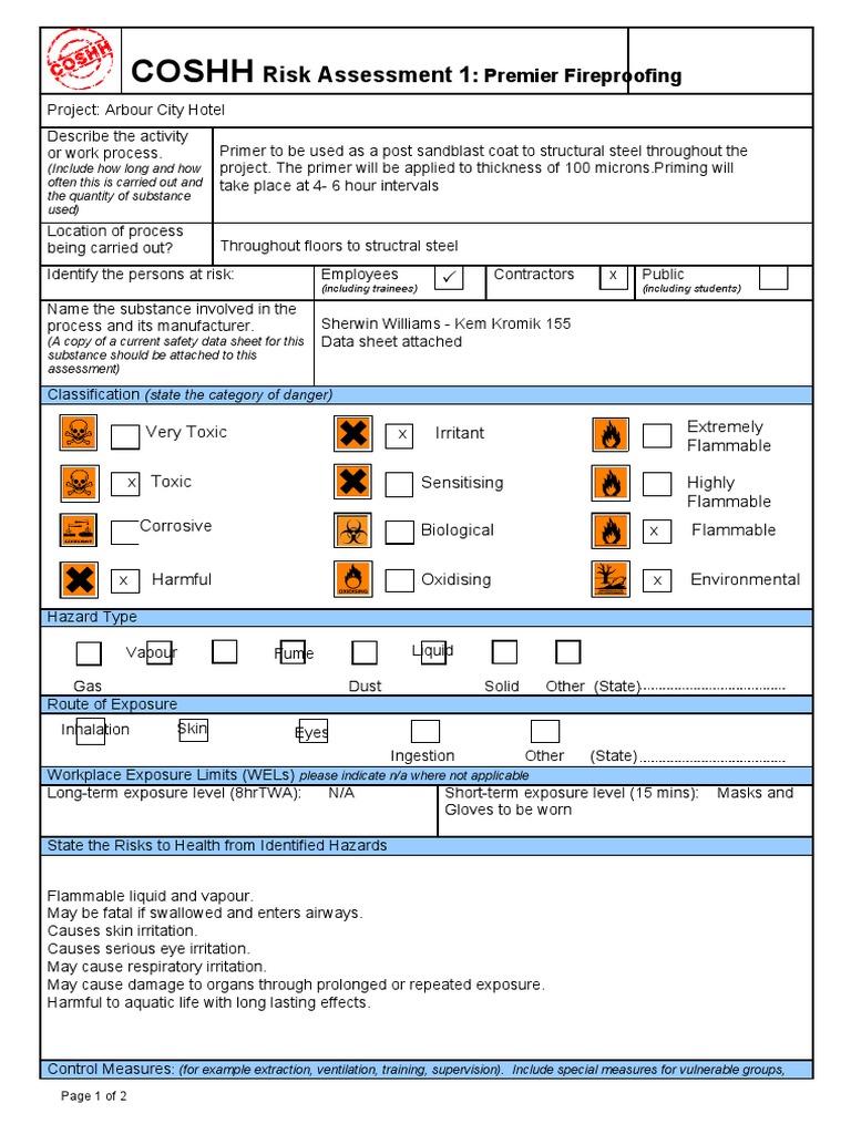 COSHH Risk Assessment for Hotel Primer | PDF | Personal Protective ...