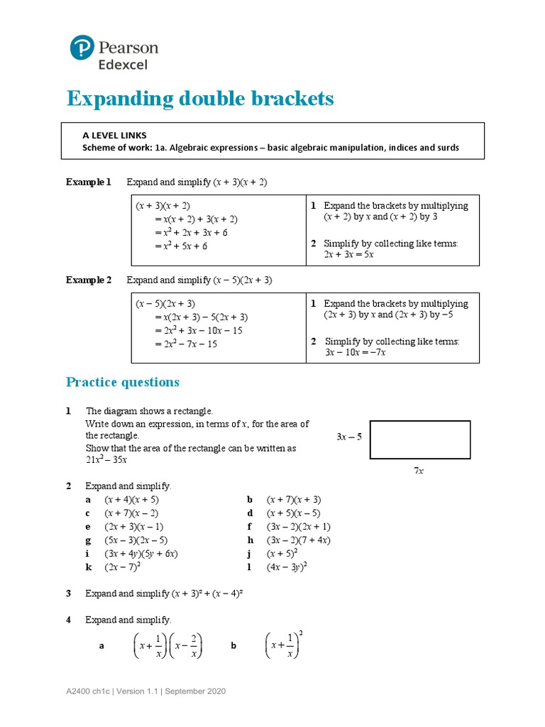 Expanding Double Brackets Practice Questions PDF Algebra
