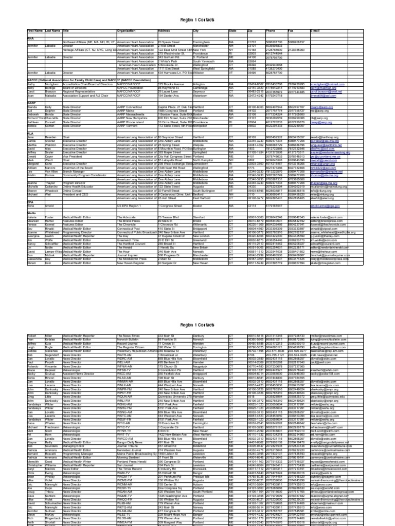 Regional Contacts | PDF | Vermont | Connecticut