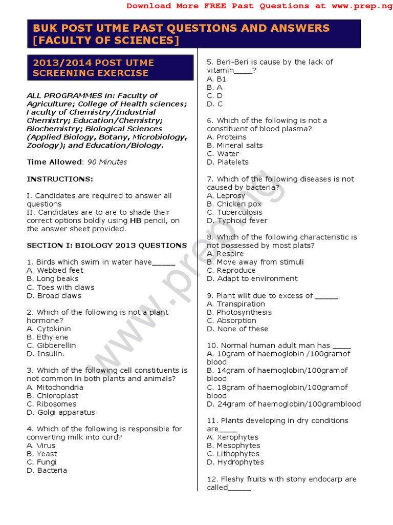 BUK Post UTME Past Questions PDF | PDF | Chlorine | Nitrogen