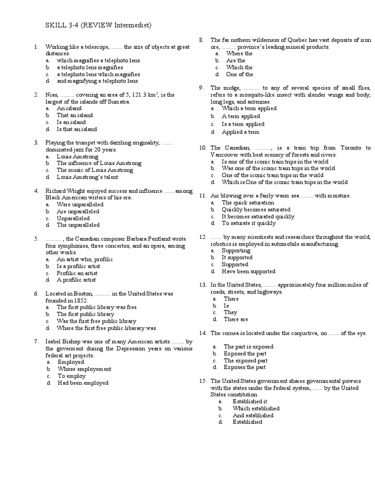 Intermediate Skill Review Exercises | PDF | Entertainment (General ...