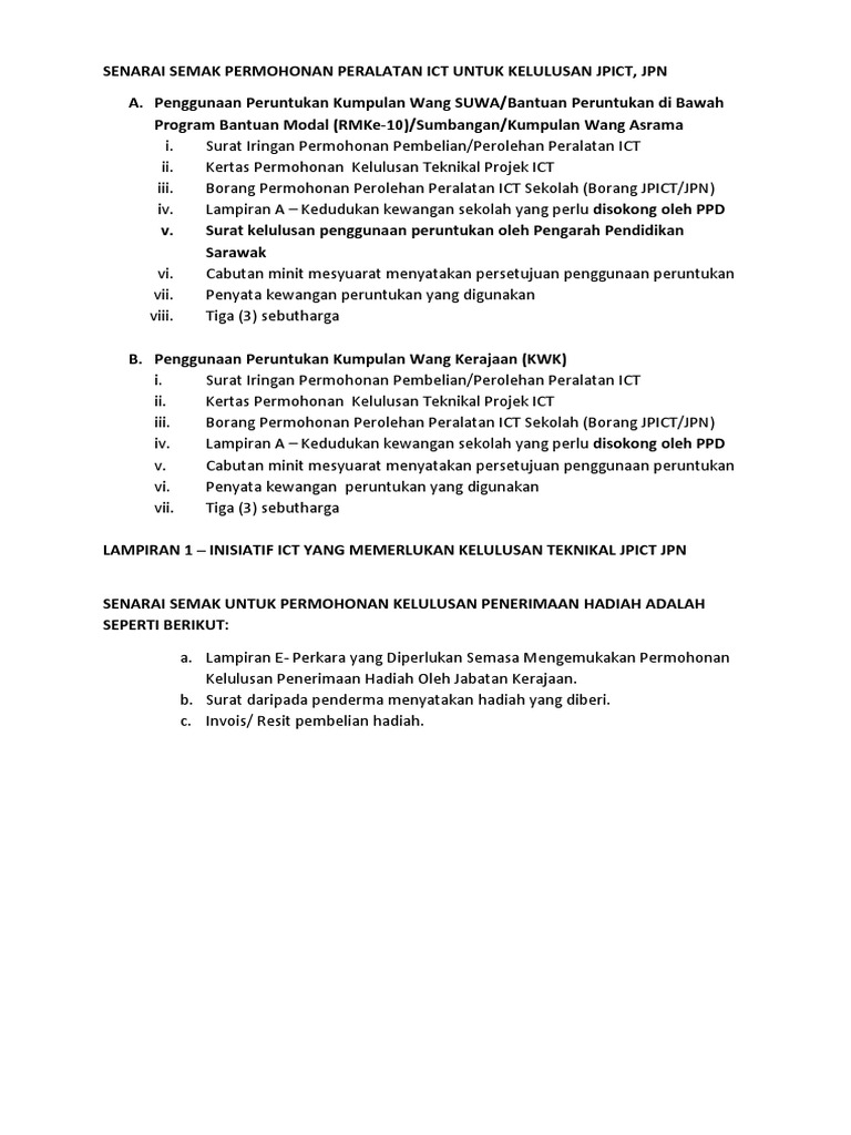 Senarai Semak Permohonan Peralatan Ict Untuk Kelulusan Jpict Dan Kelulusan Penerimaan Hadiah Pdf