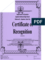 Certificate of Recognition: Department of Education Zapatera National High School Sikatuna ST., Zapatera, Cebu City