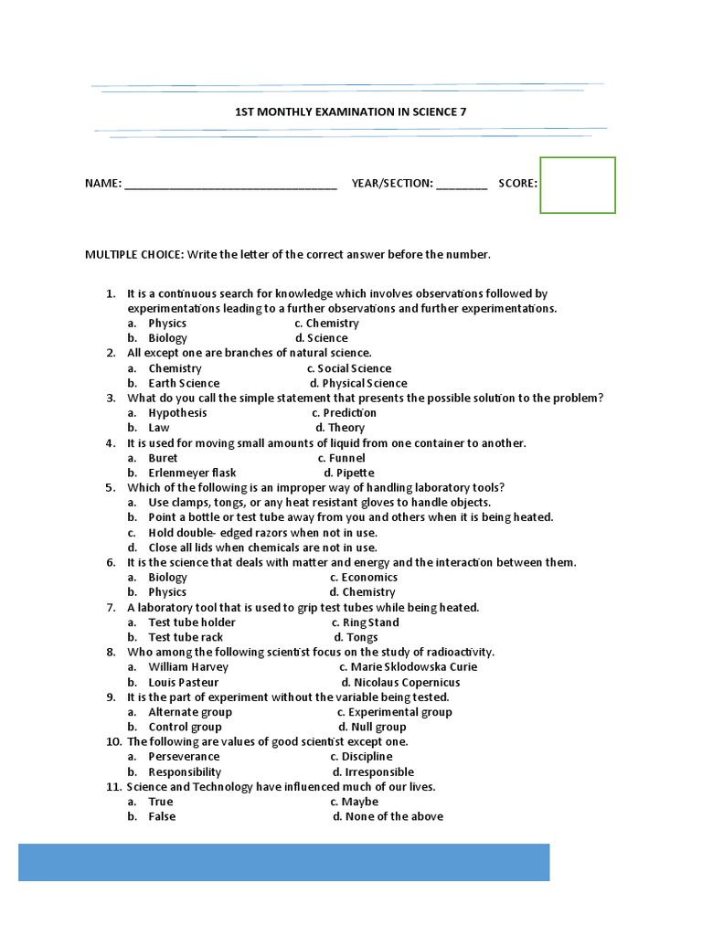 Science 7 Monthly Exam Questions | PDF | Experiment | Science
