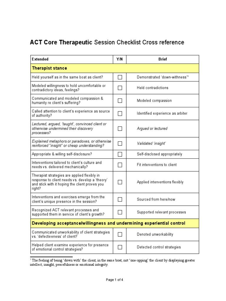 ACT Therapeutic Session Checklist | PDF | Self | Neuropsychological ...