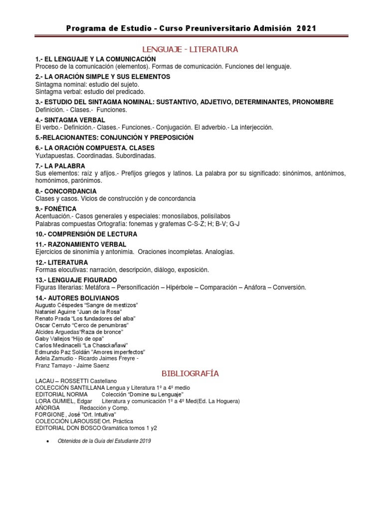 Curso Preuniversitario Lengua y Literatura | PDF | Artes del Lenguaje y ...