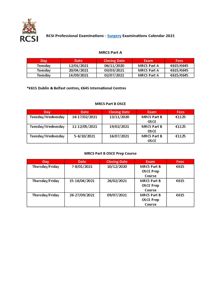 RCSI Professional Examinations - Examinations Calendar 2021: Day Date ...