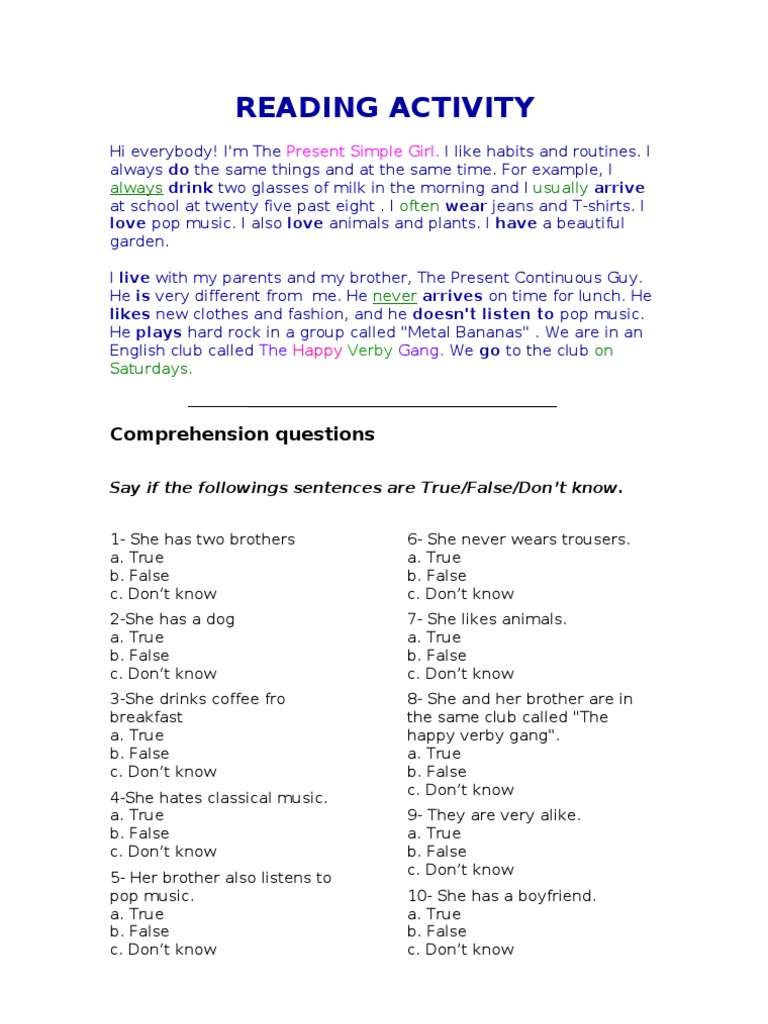 Present Simple Reading Activity | PDF | Clothing | Entertainment (General)