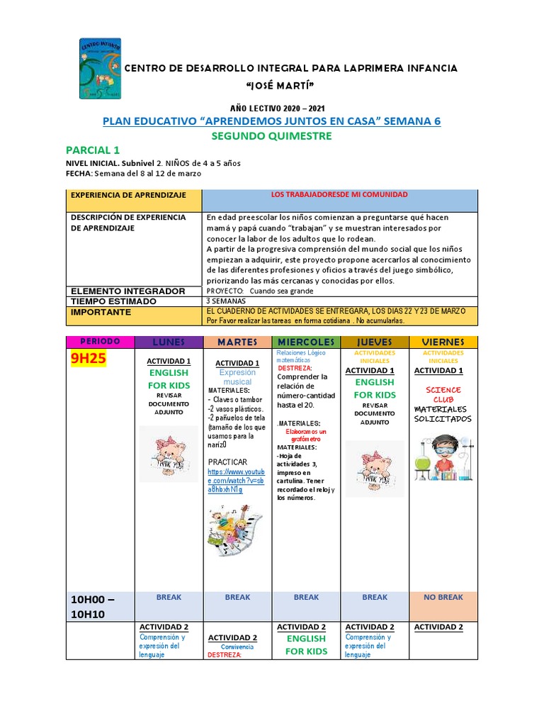 Plan Semanal 6 Prekinder | PDF | Educación de la primera infancia |  Educación avanzada, image size:768x1024