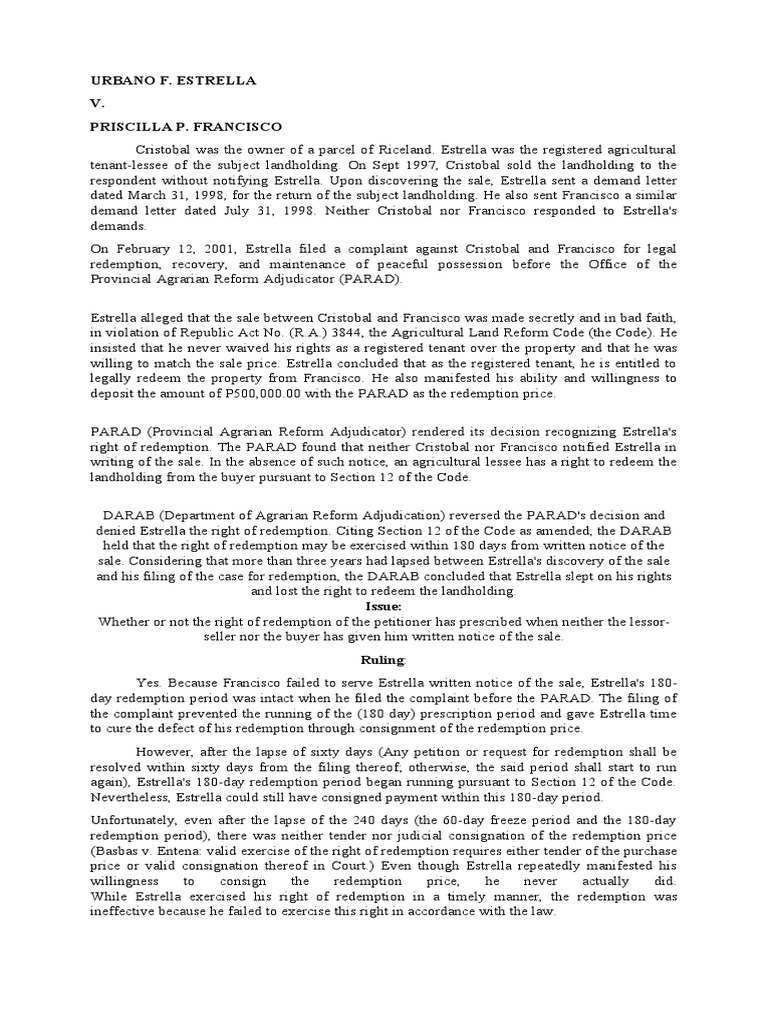 Estrella's Redemption Rights Case Summary | PDF | Common Law | Government
