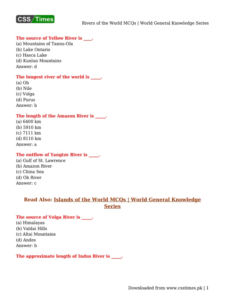 Rivers Of The World Mcqs World General Knowledge Series Pdf River