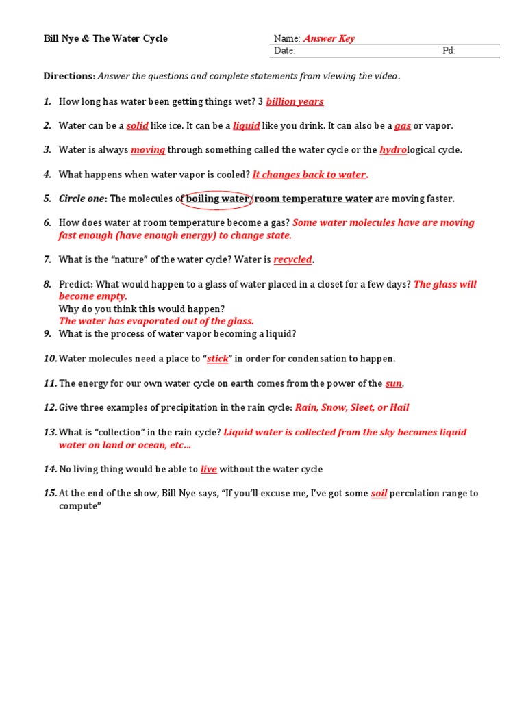 Bill Nye and The Water Cycle Handout  PDF  Water Cycle  Water Vapor For Bill Nye Water Cycle Worksheet