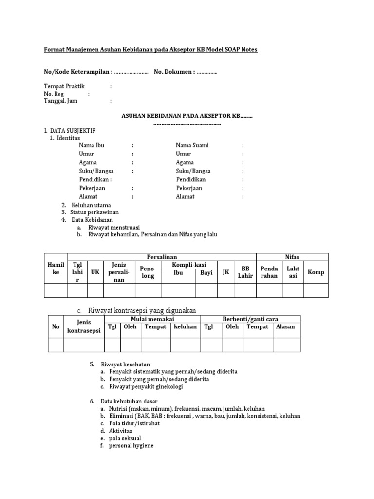 Format Asuhan Kebidanan KB Model SOAP | PDF