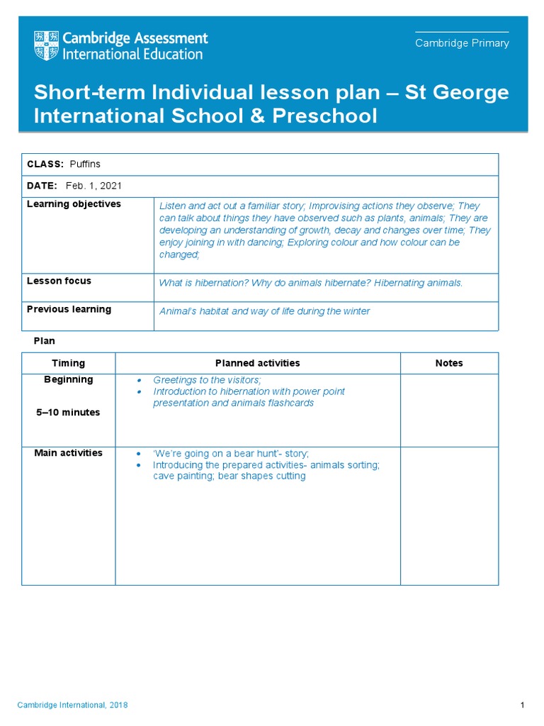 Short-Term Individual Lesson Plan - ST George International School