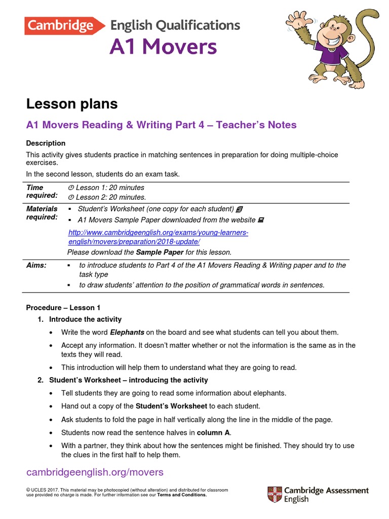 A1 Movers 2018 Reading and Writing Part 4 | PDF | Verb | Adverb