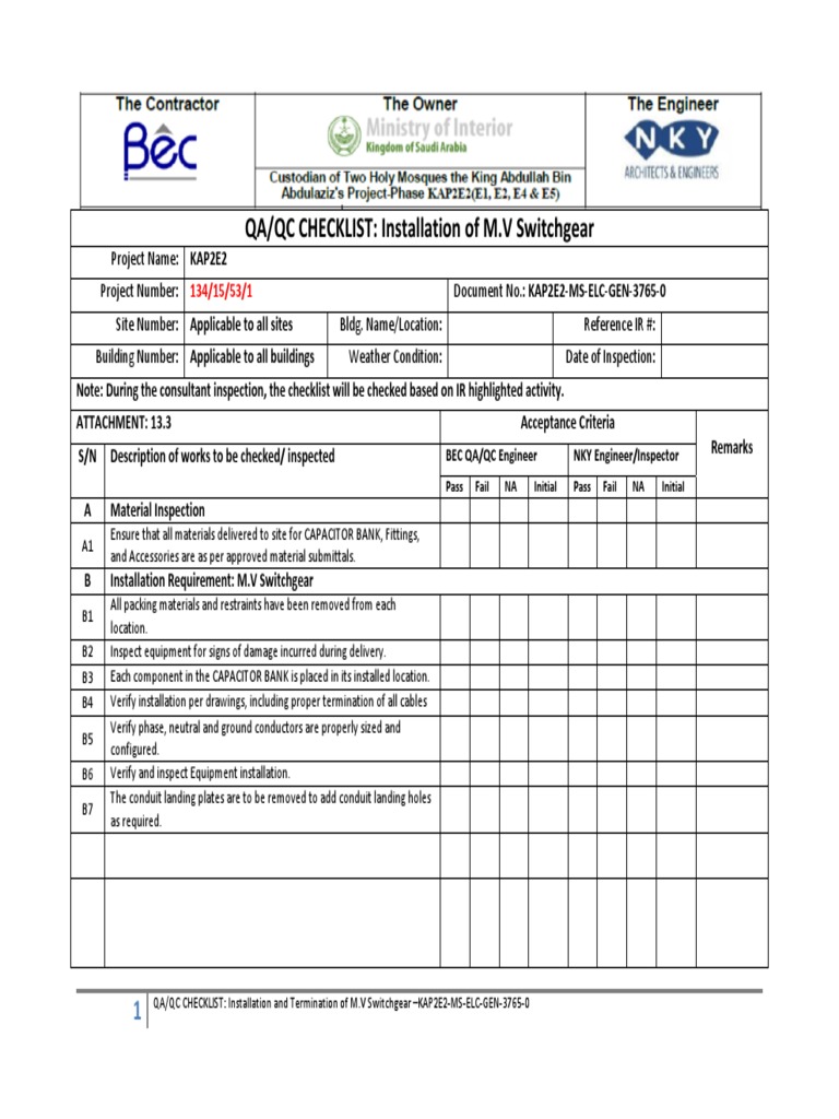 QA/QC CHECKLIST: Installation of M.V Switchgear | PDF | Electrical ...