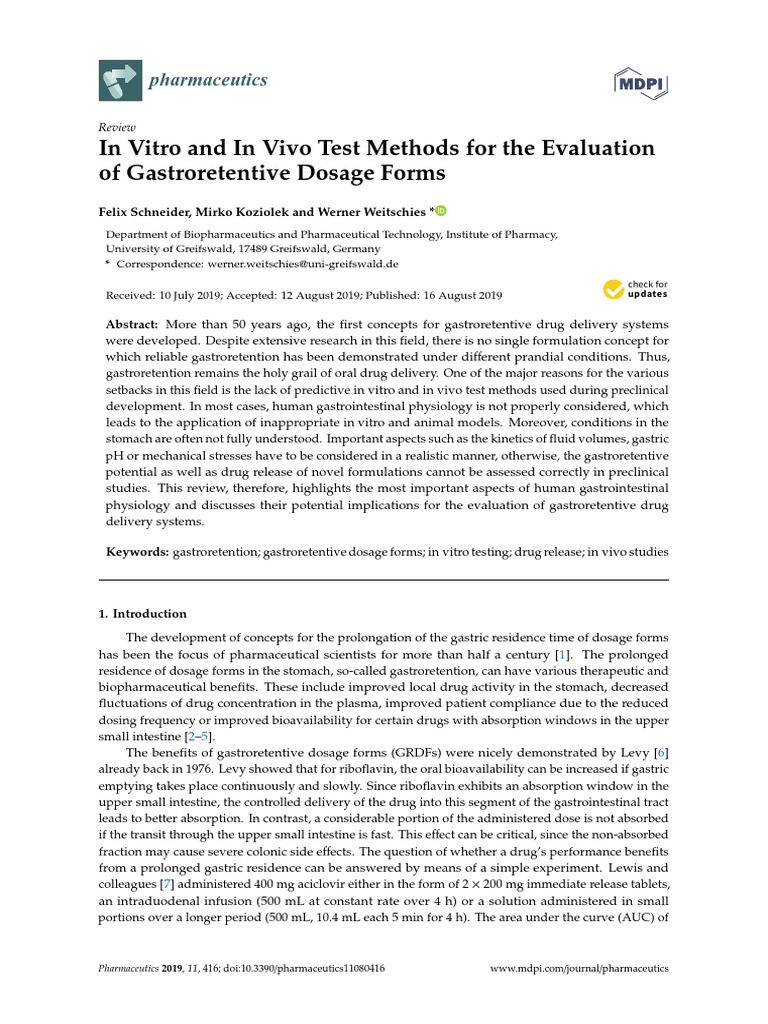 In Vitro and in Vivo Test Methods For The Evaluation of Gastroretentive ...