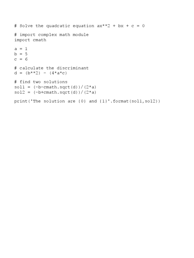 Python Program To Solve The Quadratic Equation | PDF