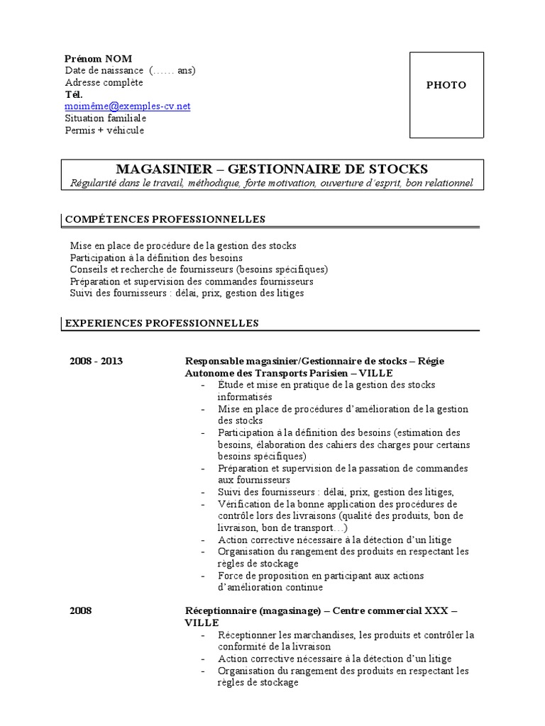 Exemple De Cv Magasinier Pdf Inventaire Business