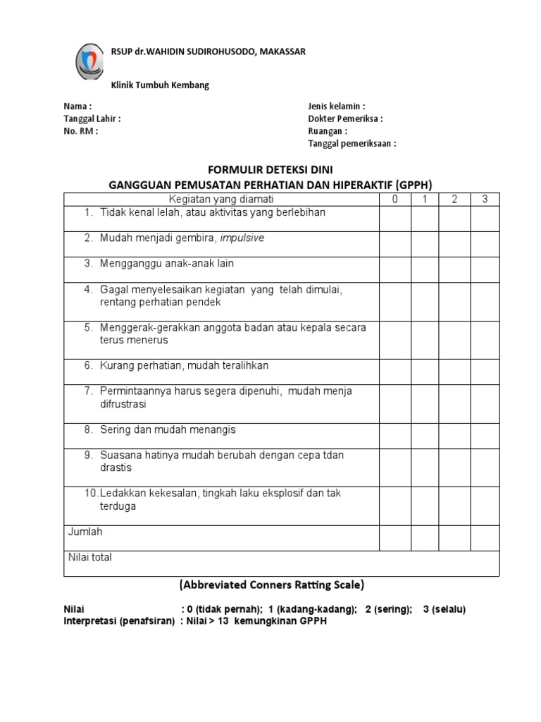 Formulir Deteksi GPPH Anak | PDF | Pengembangan Diri