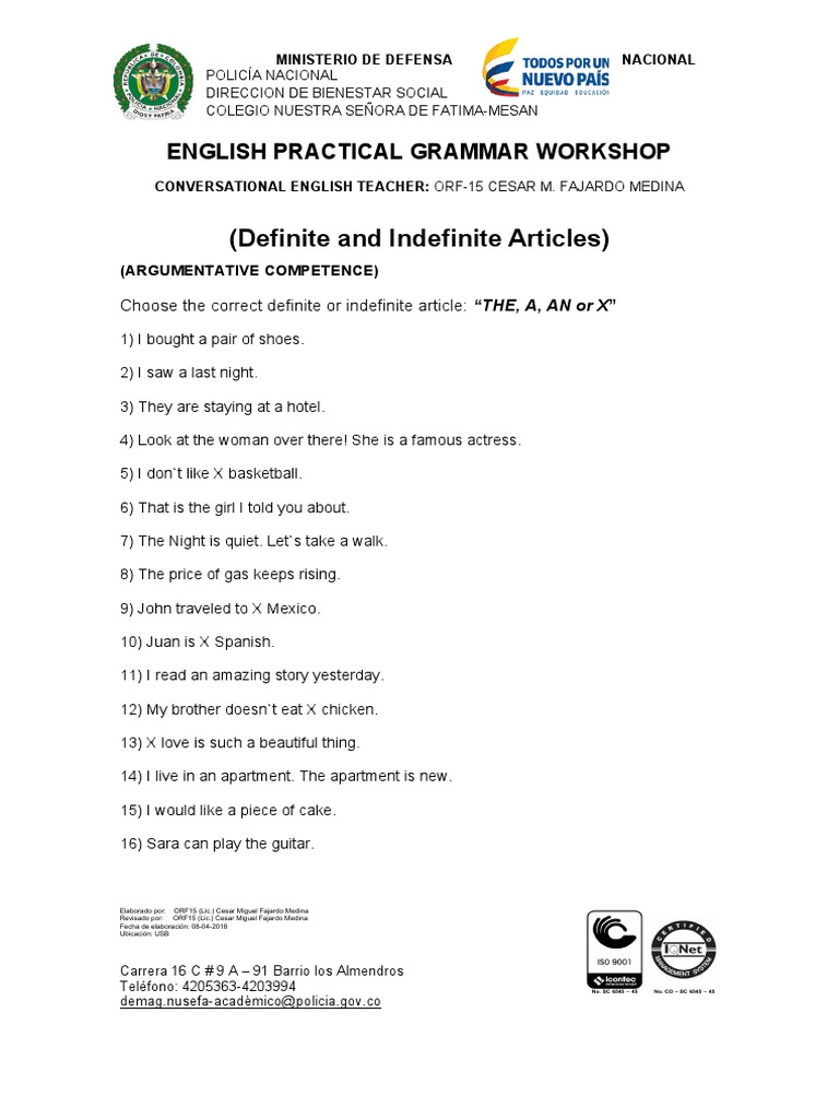 (Definite and Indefinite Articles) : English Practical Grammar Workshop ...