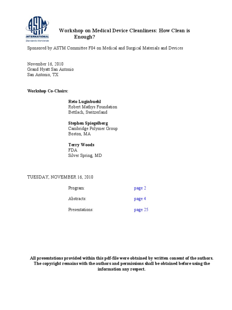 ASTM Workshop On Cleanliness | PDF | Food And Drug Administration ...