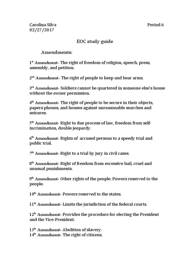 EOC Study Guide: U.S. Amendments Overview | PDF