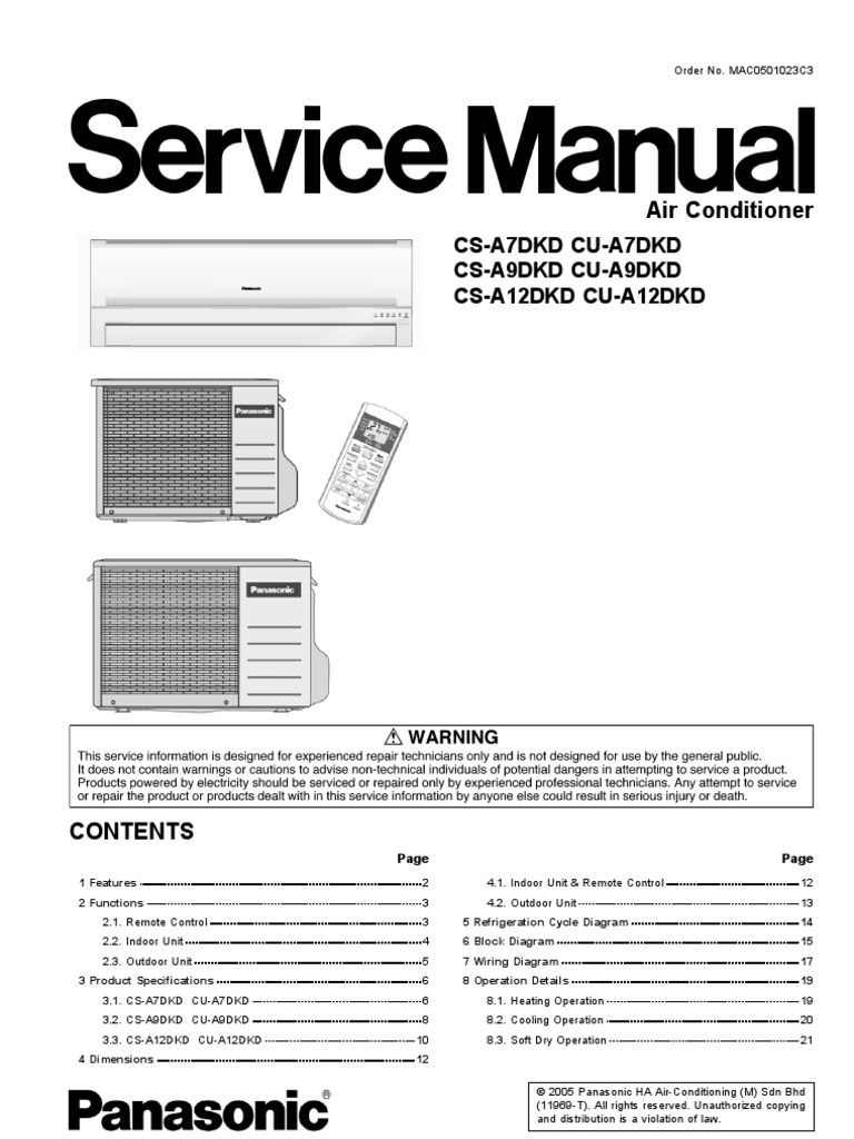 Panasonic CS-A7DKD CS-A9DKD CS-A12DKD Air Conditioners service manual FREE  DOWNLOAD! | Air Conditioning | Hvac