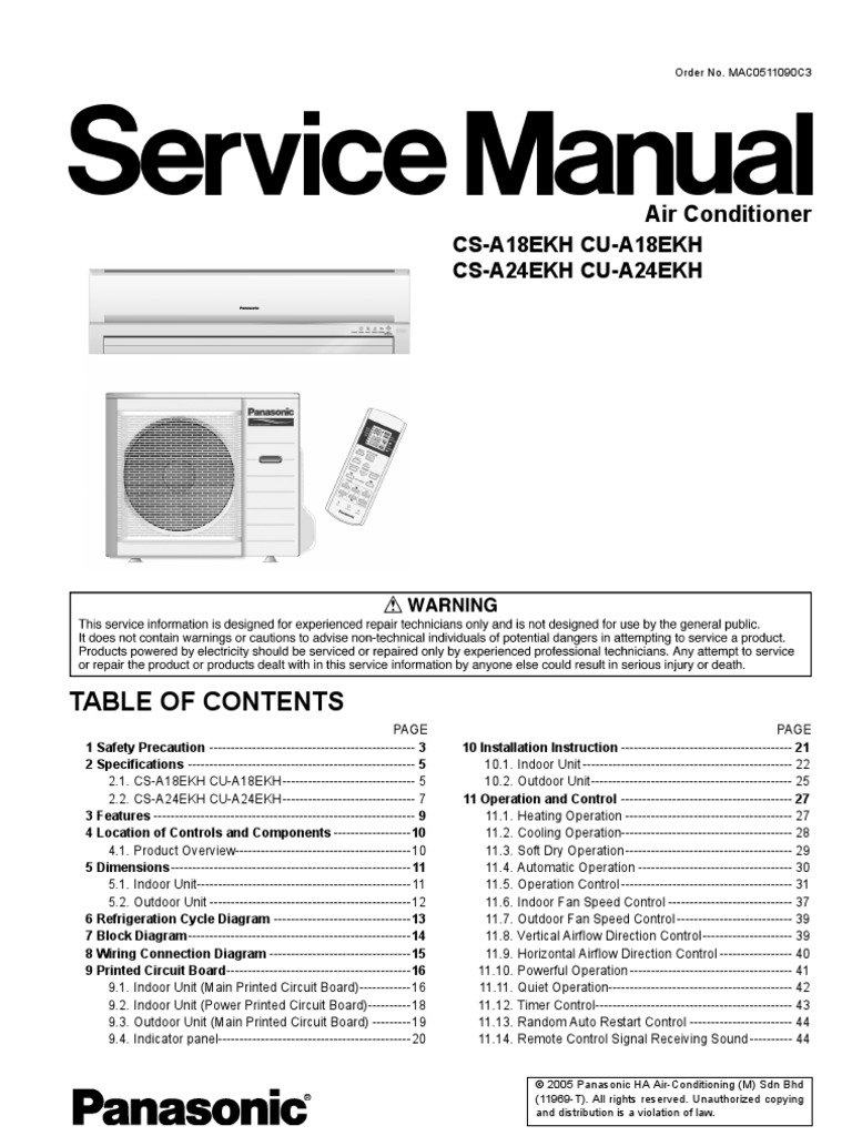 Panasonic Cs-A18ekh Cs-A24ekh Cu-A18ekh Cu-A24ekh Air Conditioners Service  Repair Manual FREE DOWNLOAD! | Air Conditioning | Hvac