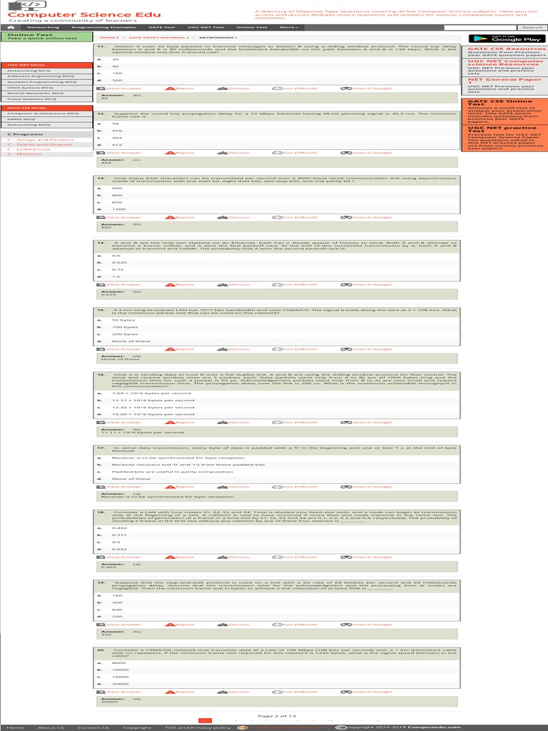 Networking Multiple Choice Questions and AnswersGATE Cse Question Paper2 PDF Multiple
