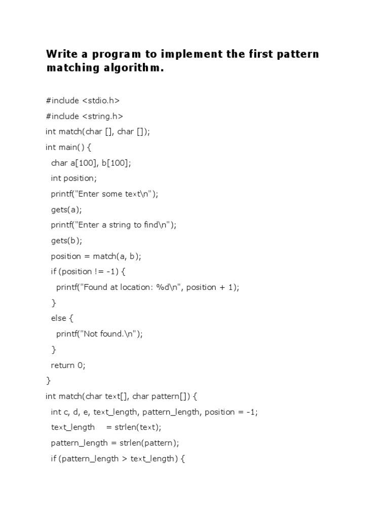 Write A Program To Implement The First Pattern Matching Algorithm | PDF