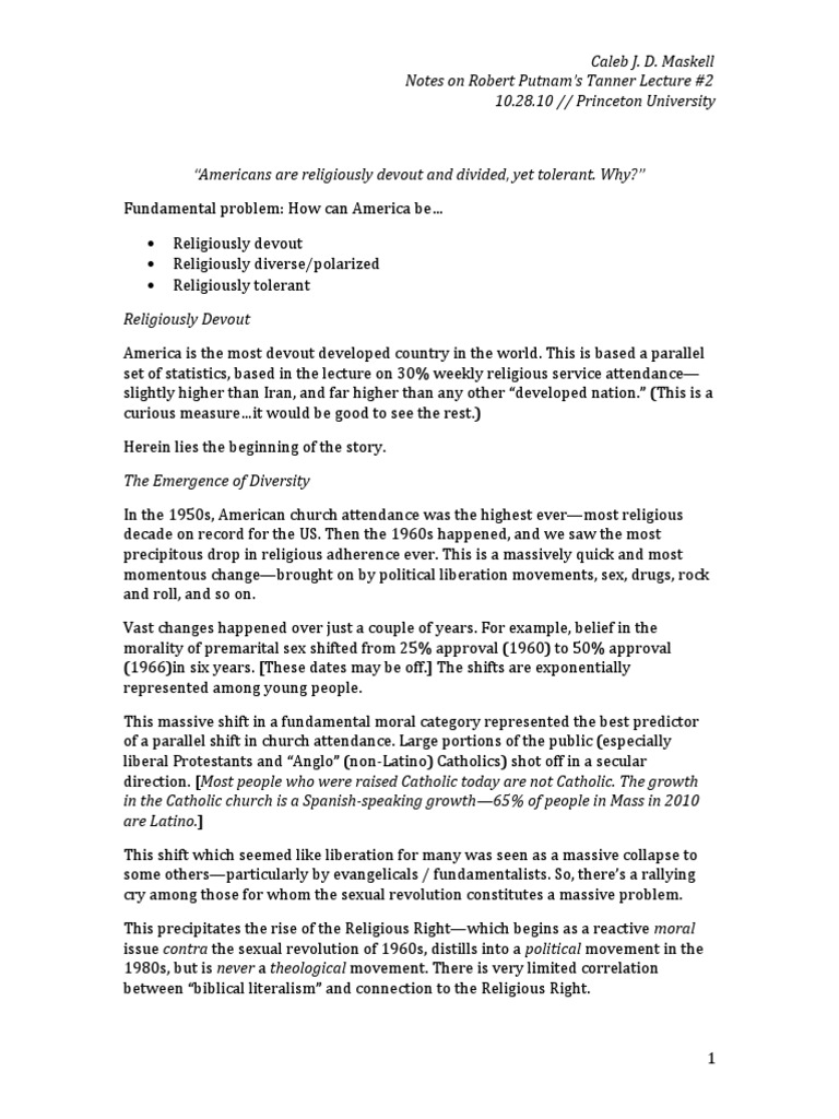 Notes On Robert Putnam's American Grace Tanner Lecture 1 PDF