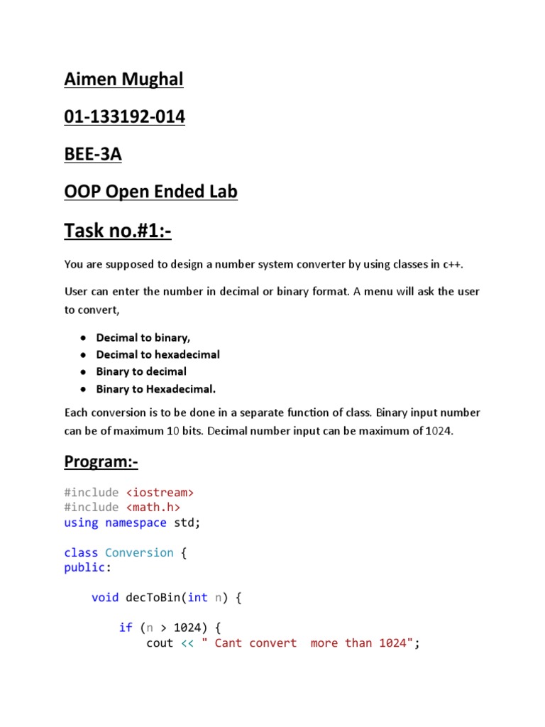Task No.#1:-: Aimen Mughal 01-133192-014 BEE-3A OOP Open Ended Lab ...