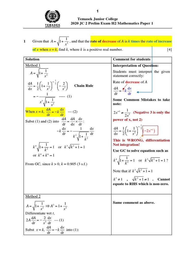 2020 H2 Math Prelim Exam Solutions | PDF | Cartesian Coordinate System ...