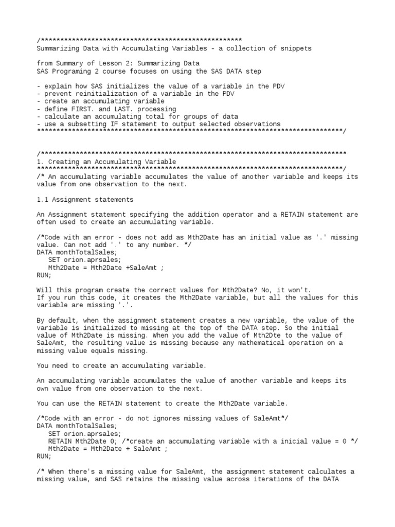 Accumulating Variables in SAS Programming | PDF | Computer Programming ...