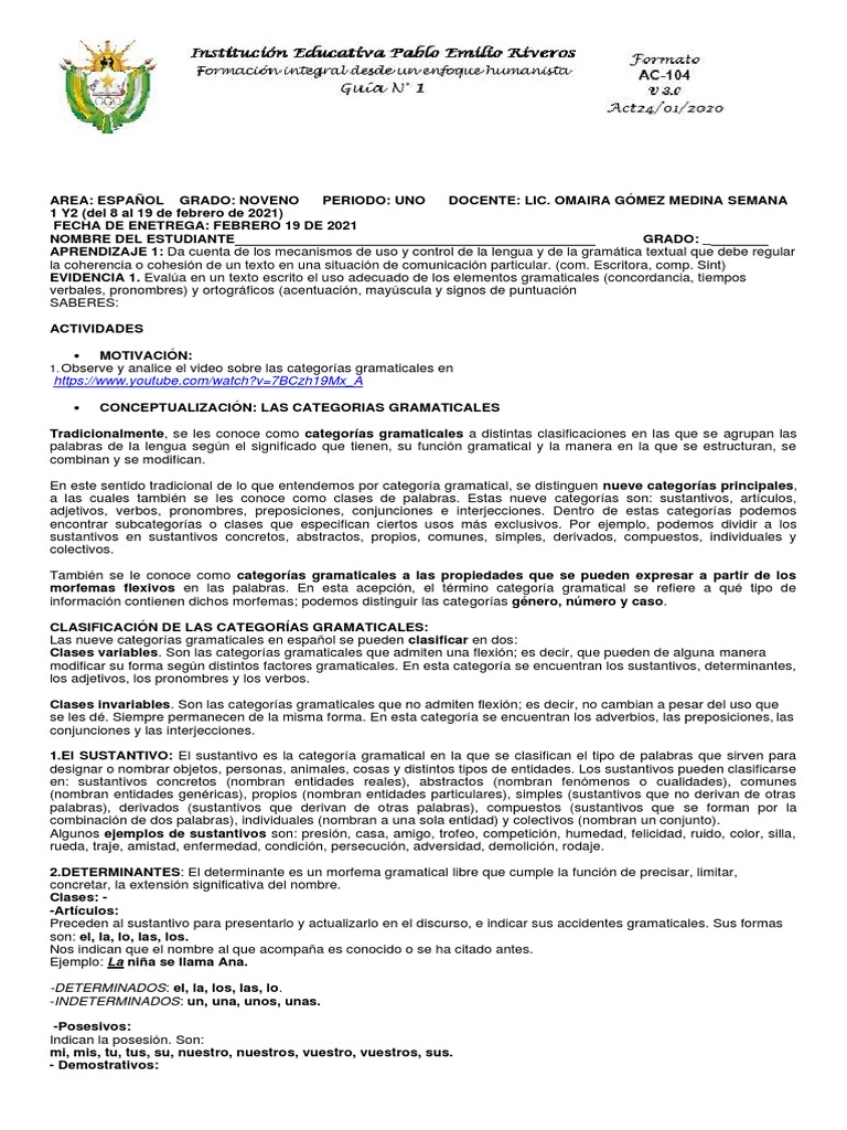 Categorias Gramaticalesperiodo 1 Grado 9 21 Pdf Parte Del Discurso Sustantivo