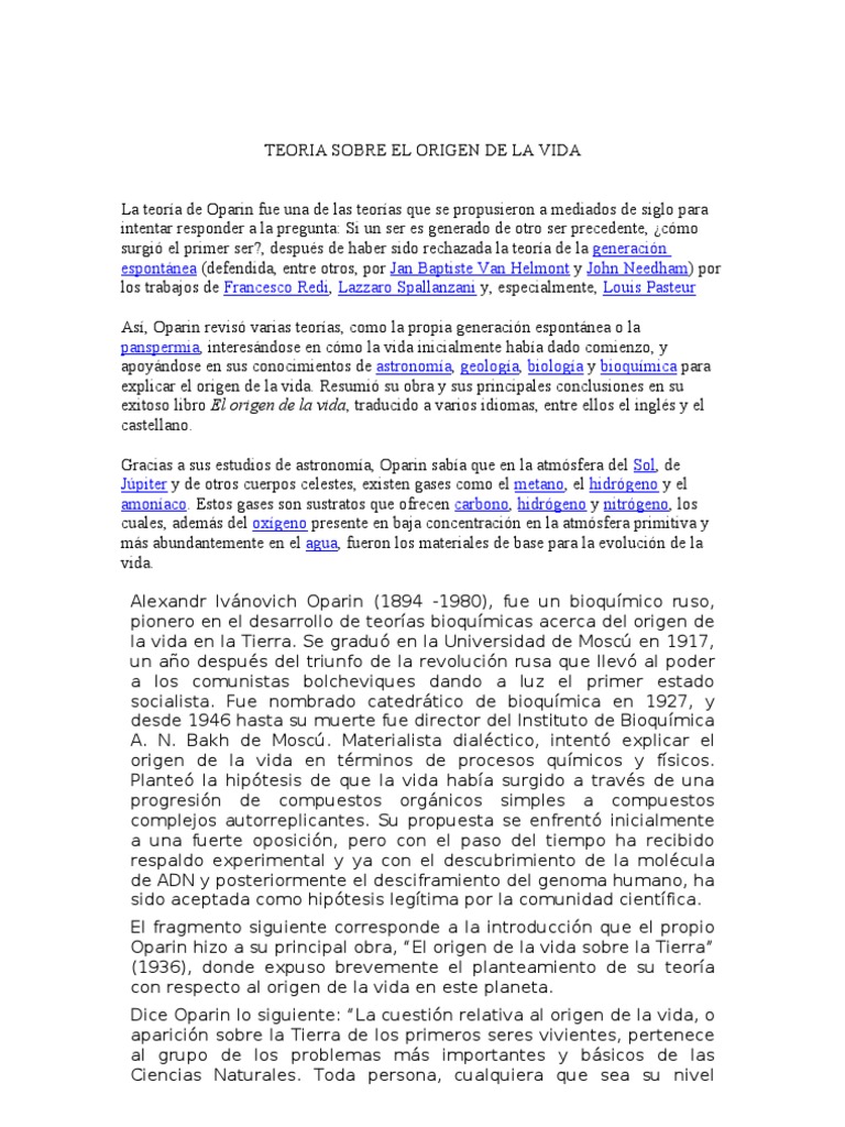 Teoría de Oparin sobre el origen de la vida | PDF | Charles Darwin ...