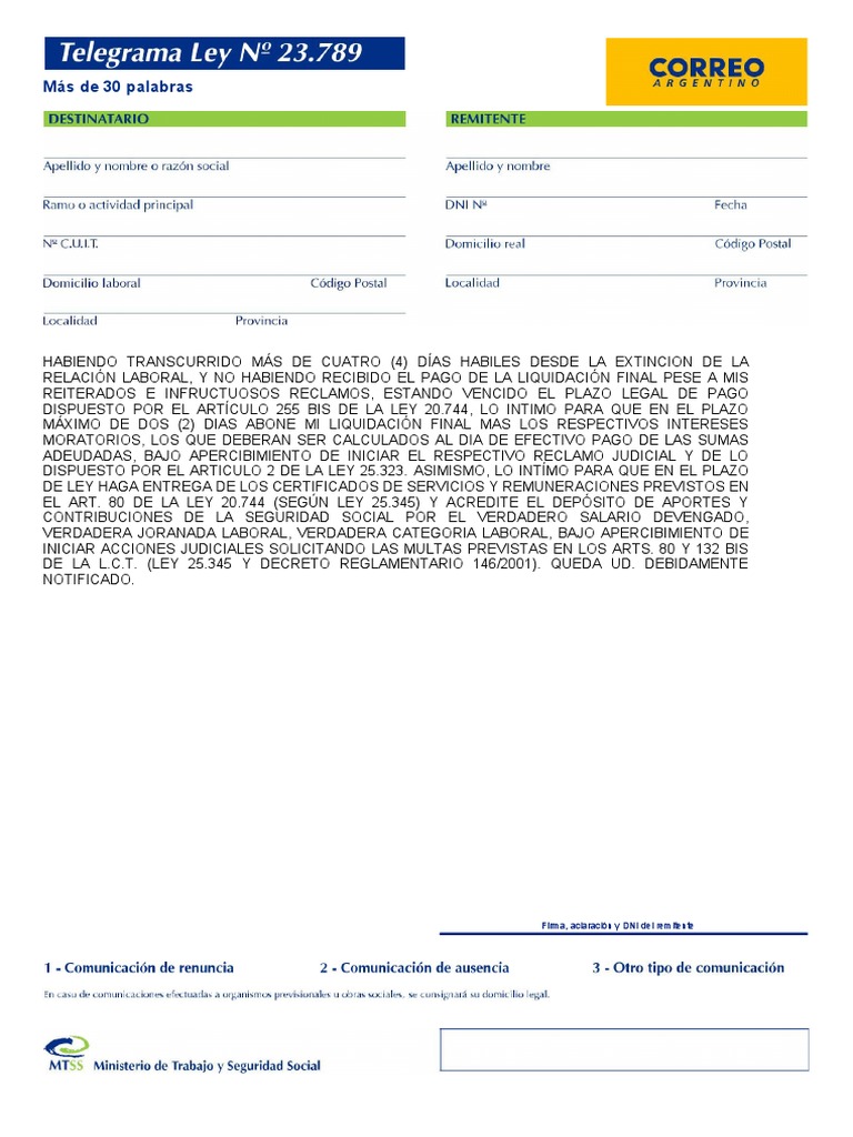 Modelo Telegrama Laboral Por Falta de Pago Liquidacion Final Listo para