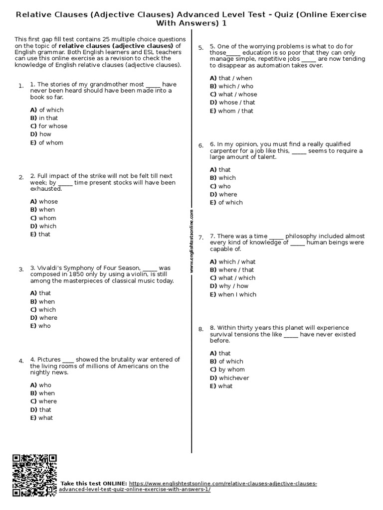 Advanced Relative Clauses Quiz | PDF