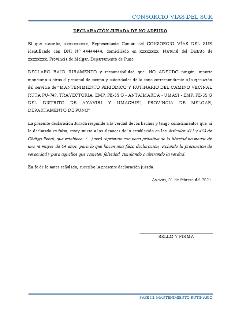 Declaración Jurada de No Adeudo | PDF