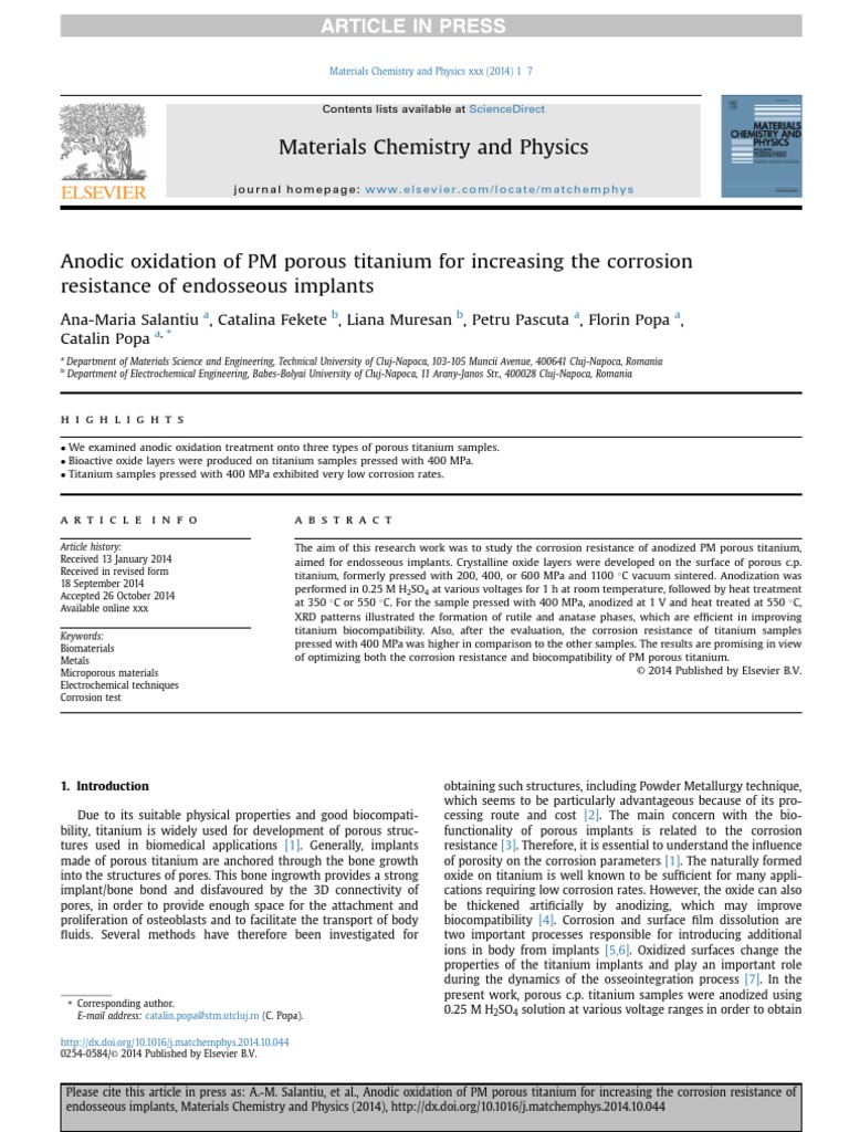Materials Chemistry and Physics PDF Titanium Porosity