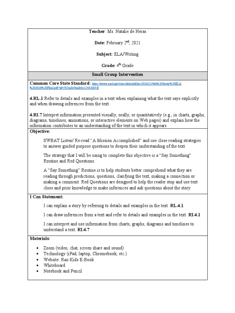 Student Teaching Observation 2 | PDF | Reading Comprehension ...