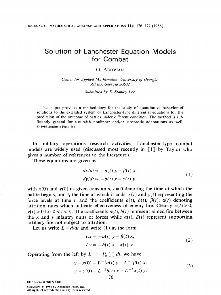 Combat Model Solution Pdf Nonlinear System Stochastic Process