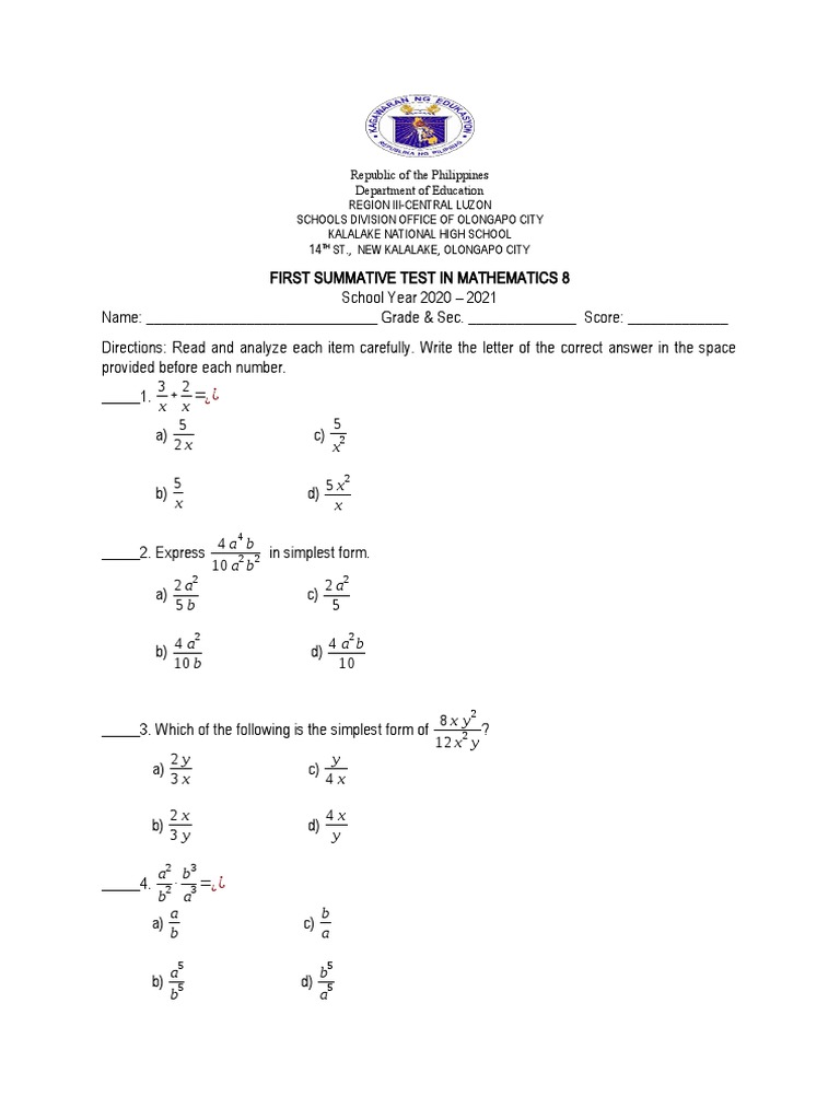 Grade 8 - Q1 Summative | PDF | Tests | Teaching Mathematics