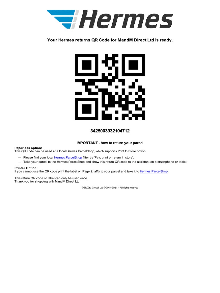 Your Hermes Returns QR Code For Mandm Direct LTD Is Ready. Important