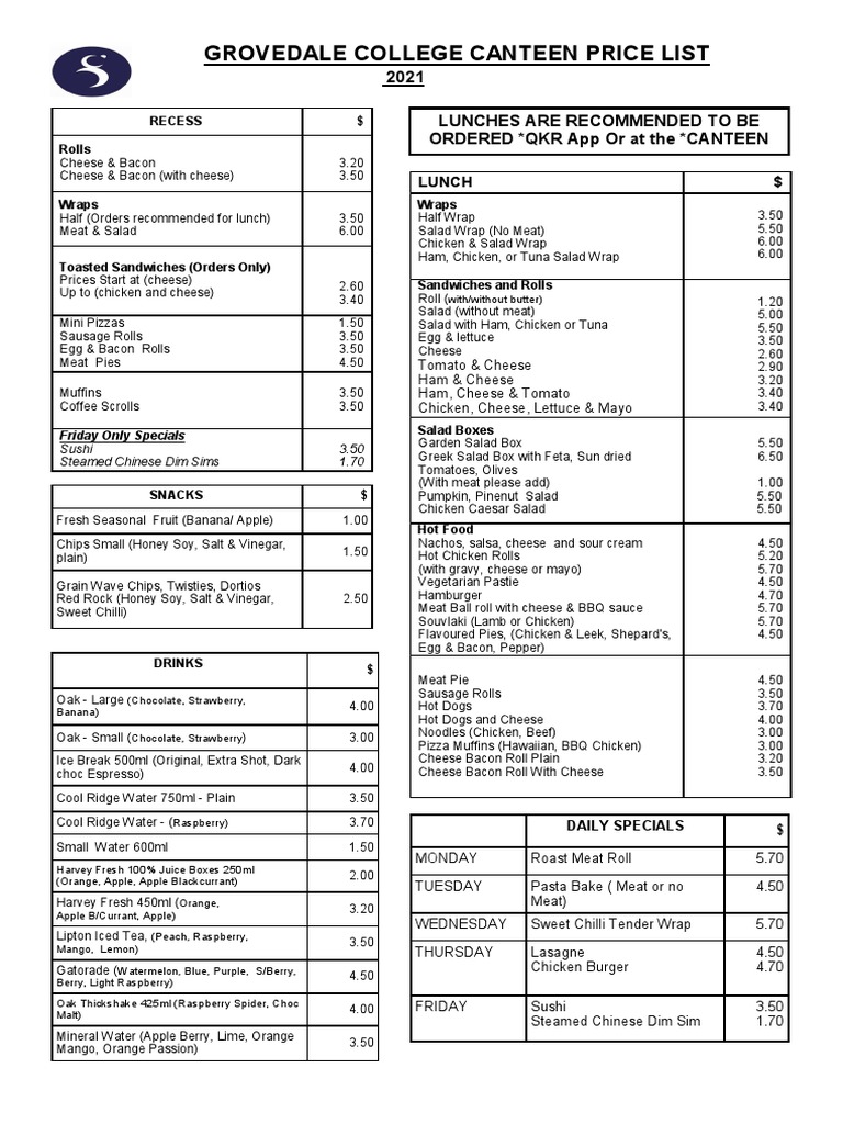 Canteen Price List 2021 PDF Bacon Salad