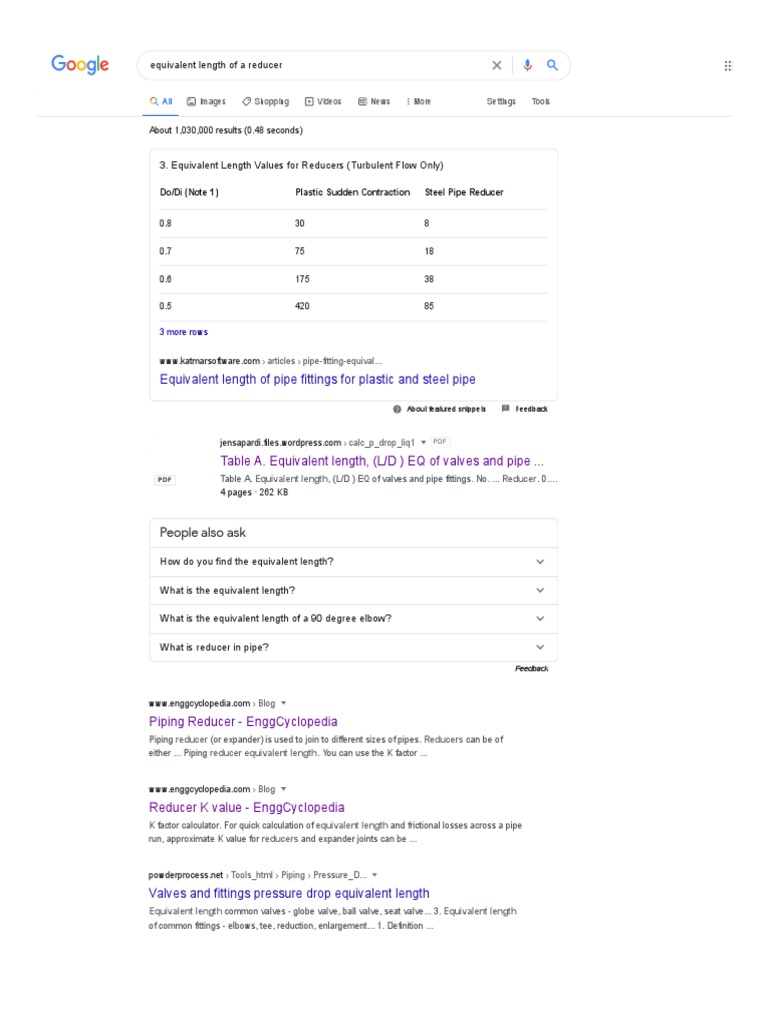 Equivalent Length of A Reducer Google Search PDF Pipe (Fluid