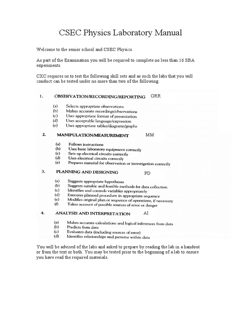 CSEC Physics Laboratory Manual Guide | PDF | Cartesian Coordinate ...