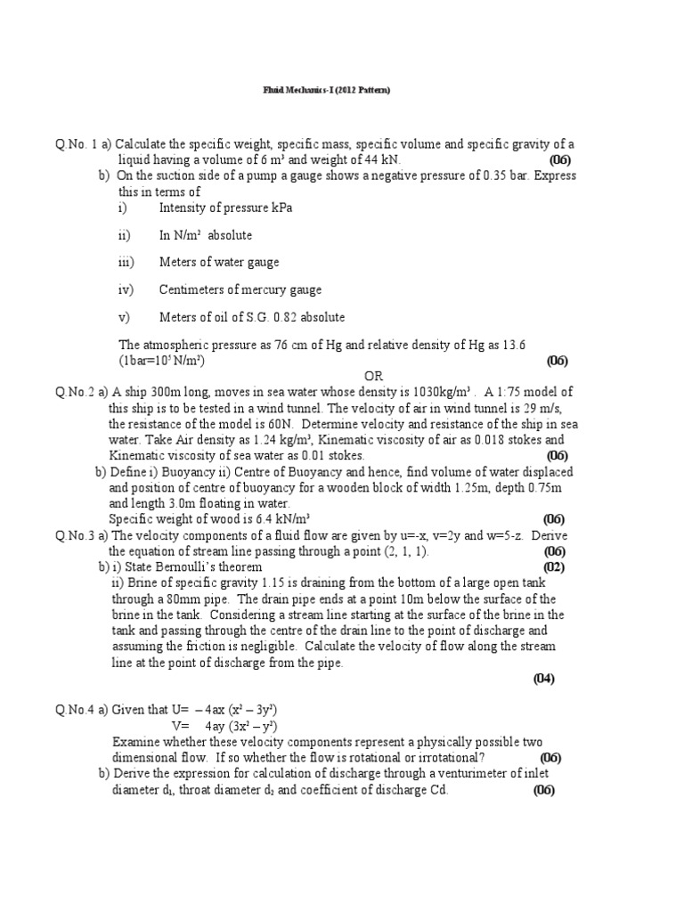 Fluid Mechanics I: Key Concepts & Problems | PDF | Buoyancy | Pressure