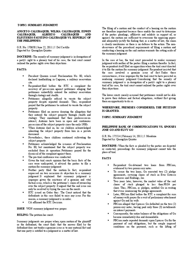Summary Judgment Case Analysis | PDF | Summary Judgment | Judgment (Law)